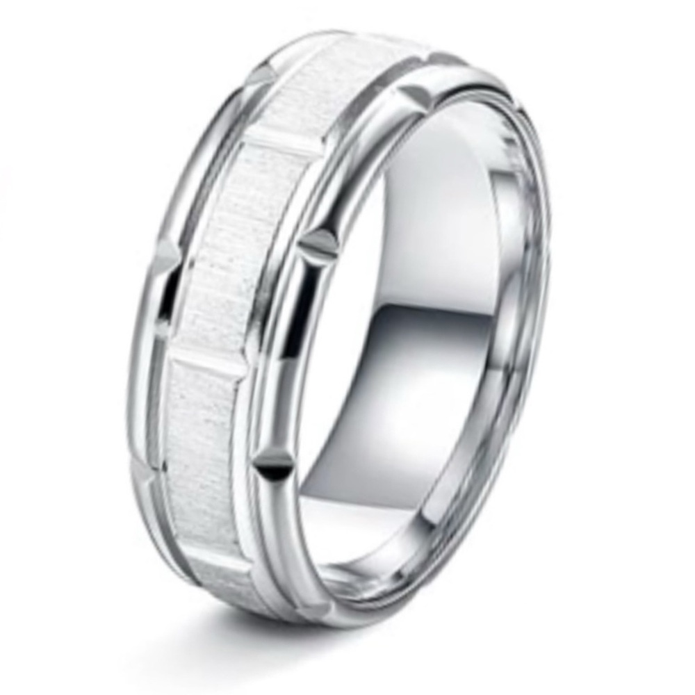 Stainless Steel Brushed Band Ring - Silver Textured Center Polished Edges